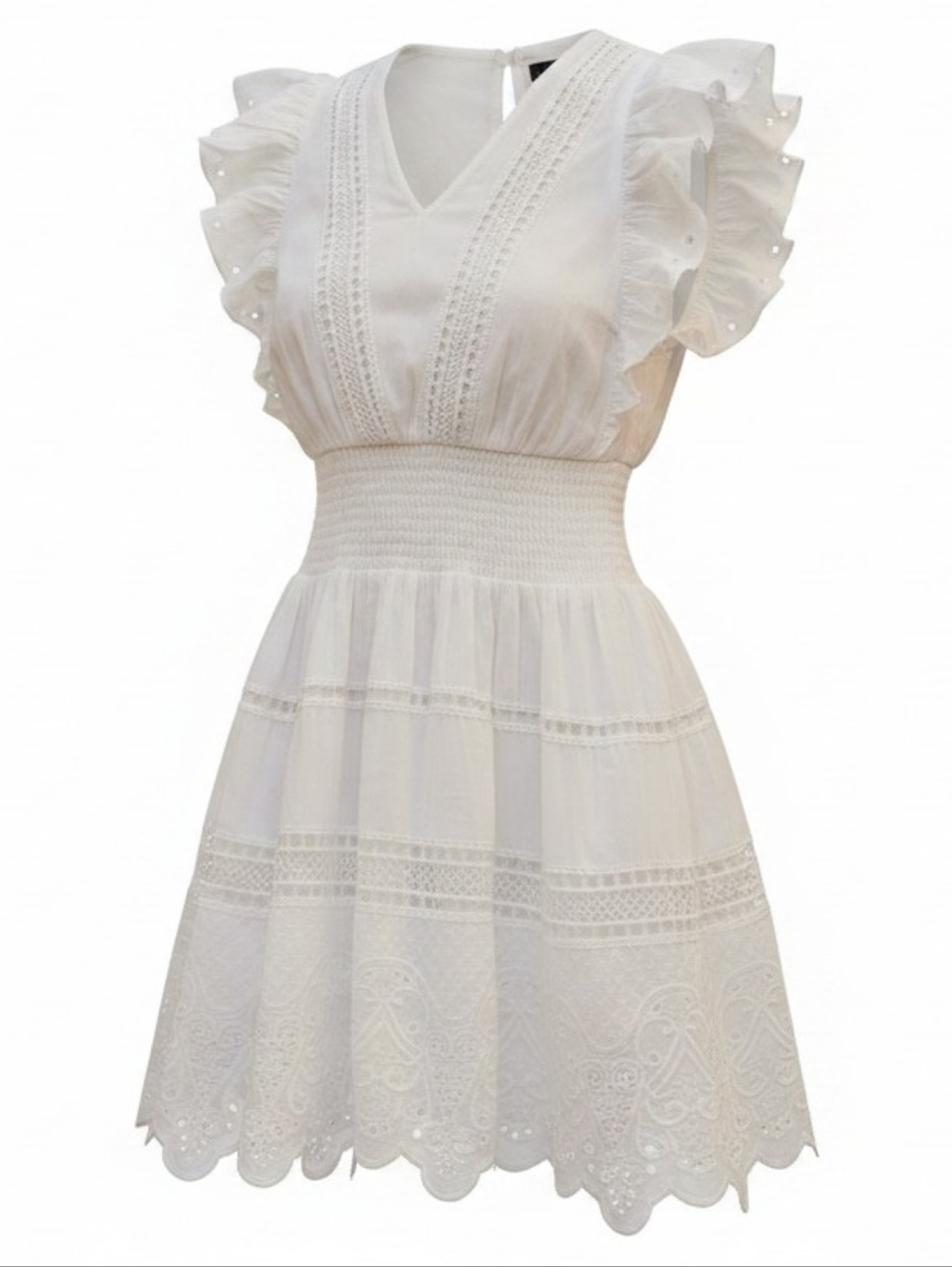 RAMY BROOK | Jacy White‎ Linen Blend Eyelet Lace Smocked Mini Dress Bridal | M
